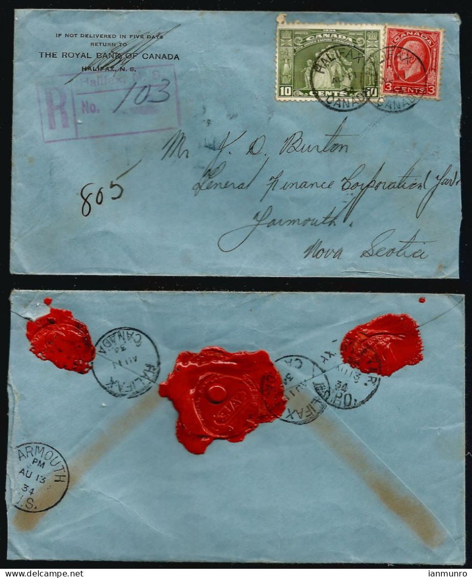1934 Wax Seal On Bank Cover Registered 13c Loyalists/Medallion RPO CDS Halifax Nova Scotia - Histoire Postale