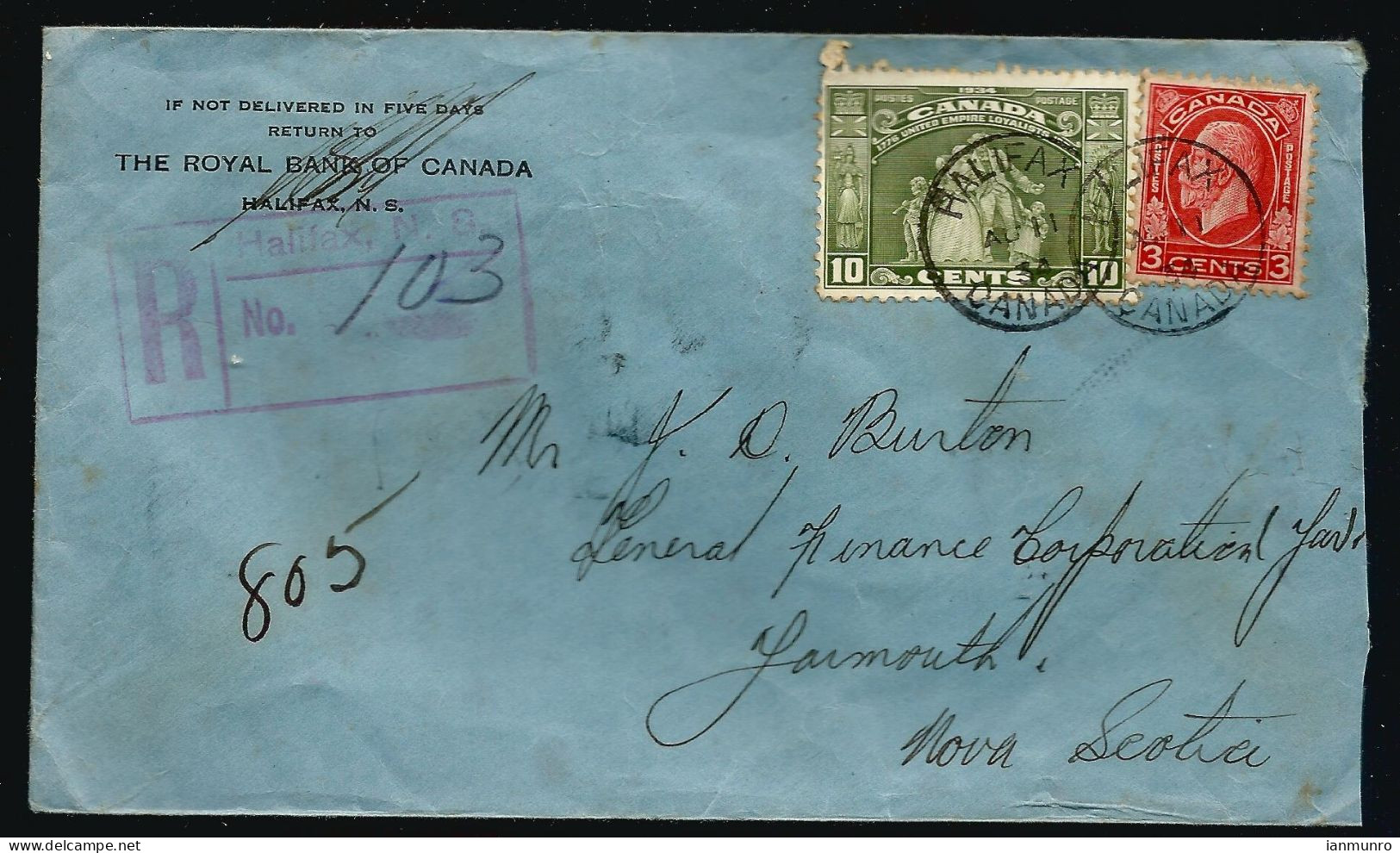 1934 Wax Seal On Bank Cover Registered 13c Loyalists/Medallion RPO CDS Halifax Nova Scotia - Historia Postale