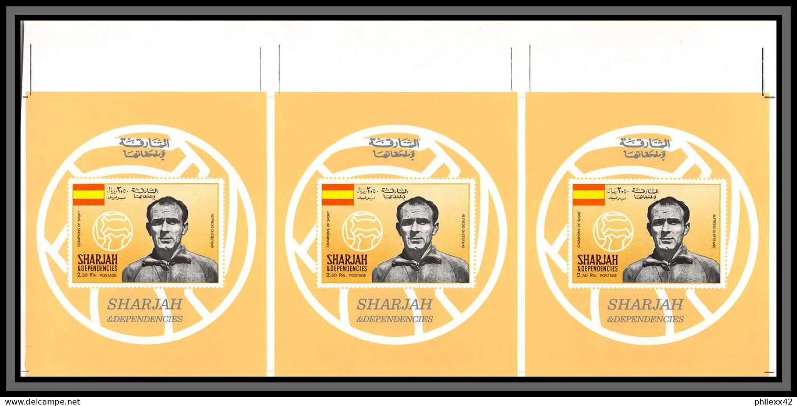 Sharjah - 2146b/ N°508 Di Stéfano Argentina Espana Football Soccer Non Dentelé Imperf Essai Proof Stip Of 3 Neuf ** MNH - Clubs Mythiques