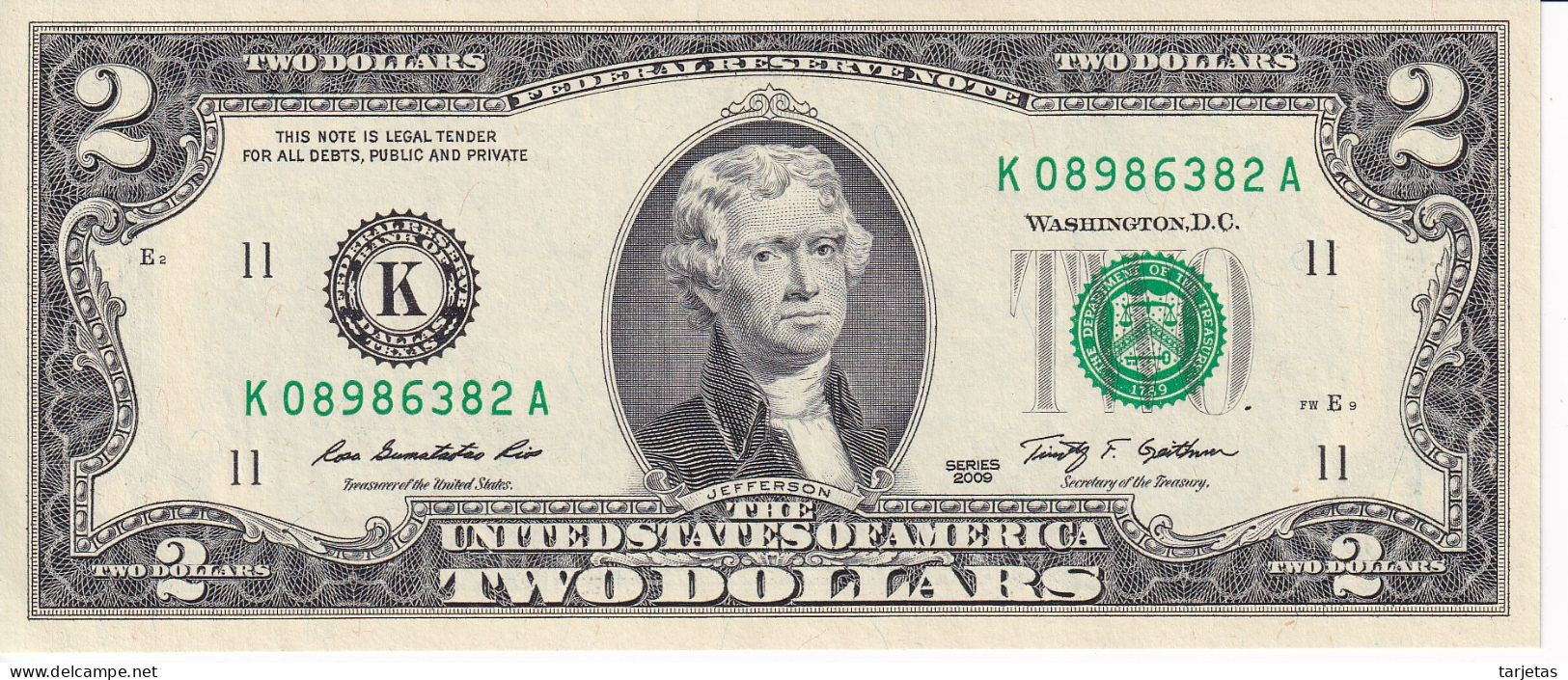 BILLETE DE ESTADOS UNIDOS DE 2 DOLLARS DEL AÑO 2009 LETRA K - DALLAS SIN CIRCULAR (UNC)  (BANK NOTE) - Federal Reserve Notes (1928-...)