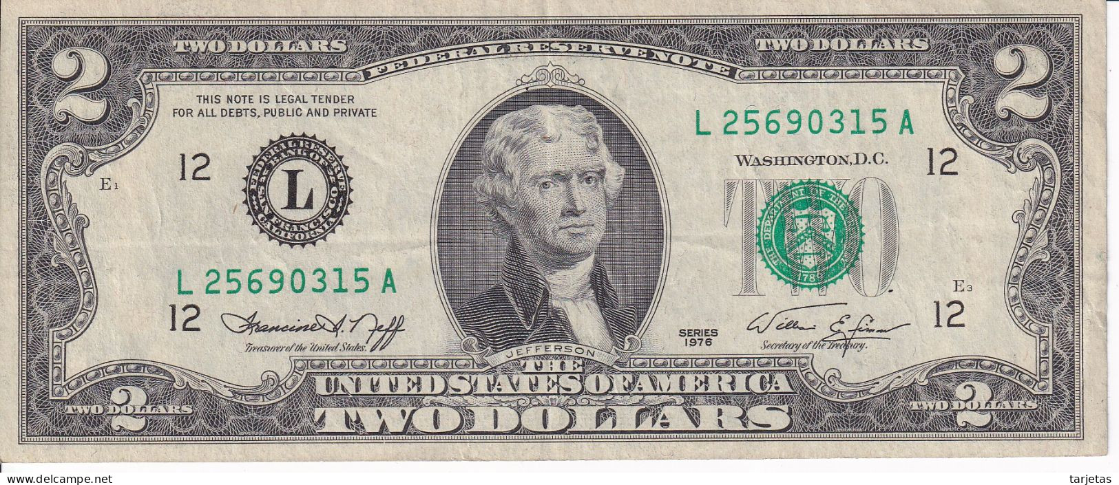 BILLETE DE ESTADOS UNIDOS DE 2 DOLLARS DEL AÑO 1976 LETRA L - SAN FRANCISCO (BANK NOTE) - Biljetten Van De  Federal Reserve (1928-...)