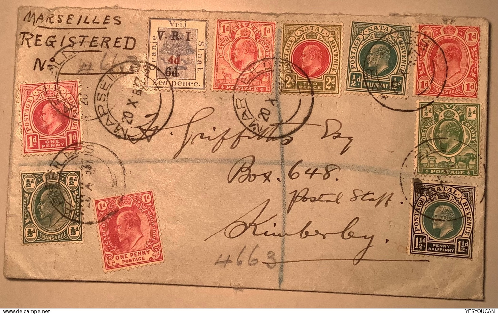 Scarce MARSEILLES 1937 Cds 9 Diff.pre-union Stamps OFS, NATAL, TRANSVAAL, COGH Cover Registered (South Africa RSA Lettre - Storia Postale