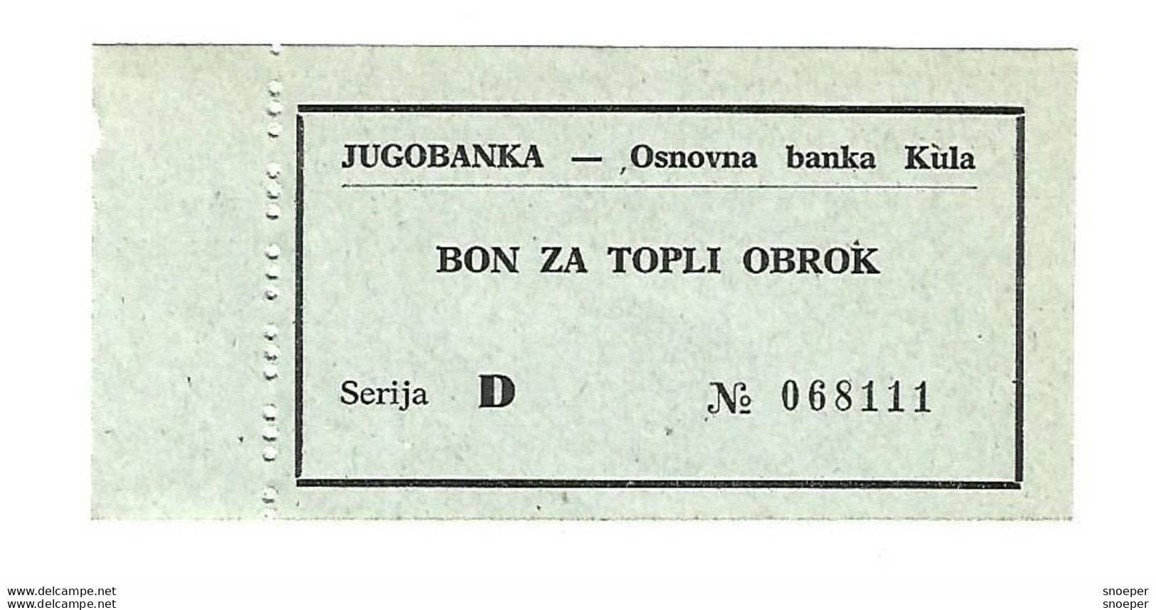 *serbia Kula Jugobanka Bon Hot Meal S54a  Unc - Serbia