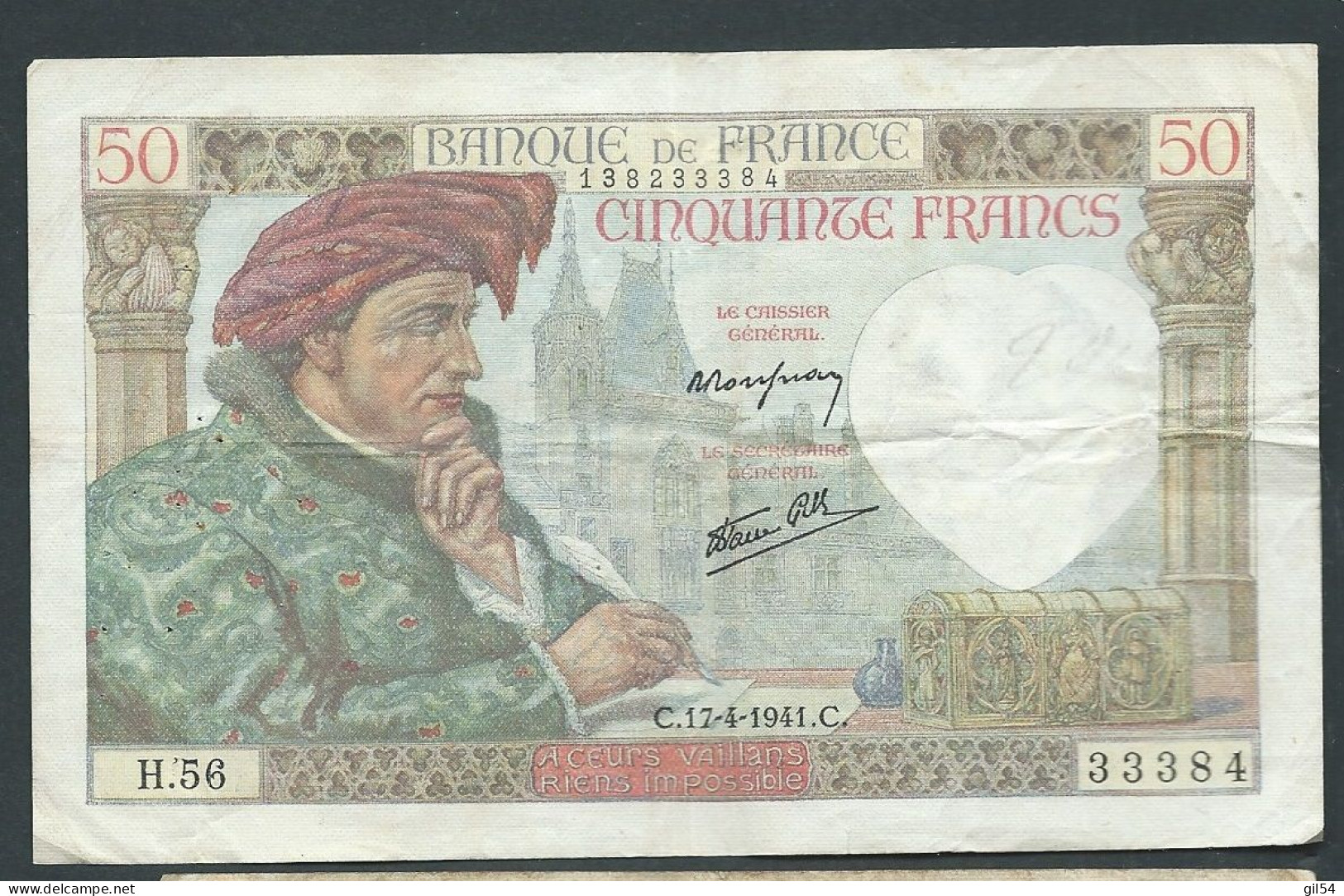 BILLET DE BANQUE FRANCE JACQUES COEUR - 17-04/1941  H.56 33384 Laura 14505 - 50 F 1940-1942 ''Jacques Coeur''