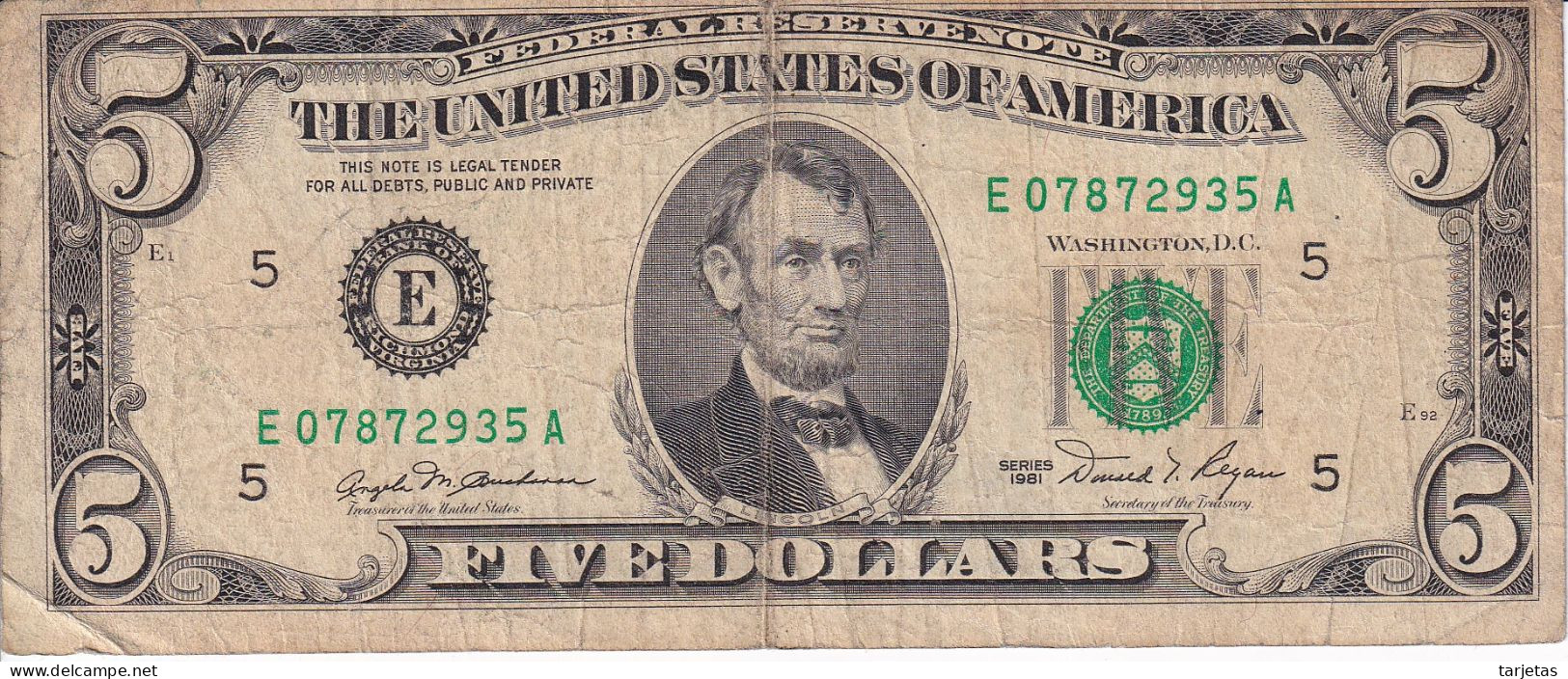 BILLETE DE ESTADOS UNIDOS DE 5 DOLLARS DEL AÑO 1981 LETRA E - RICHMOND (BANK NOTE) - Billets De La Federal Reserve (1928-...)