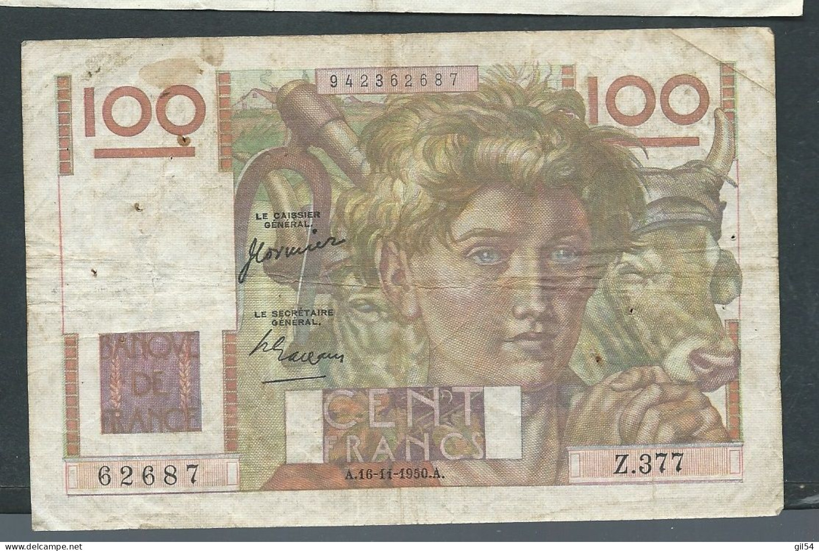 BILLET DE BANQUE 100 Francs "Jeune Paysan"  A.16/11/1950.A.  - 62687 Z.377 Laura 14506 - 100 F 1945-1954 ''Jeune Paysan''