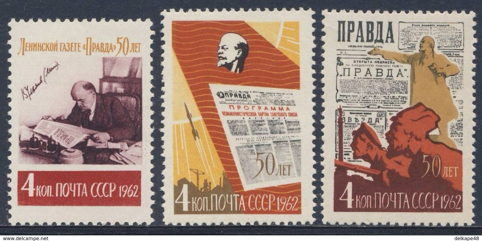 Soviet Unie CCCP Russia 1962 Mi 2596 /8 A YT 2516 /8 SG 2684 /6 Used 50th Ann. "Pravda" Newspaper / Zeitung „Prawda“ - Lénine