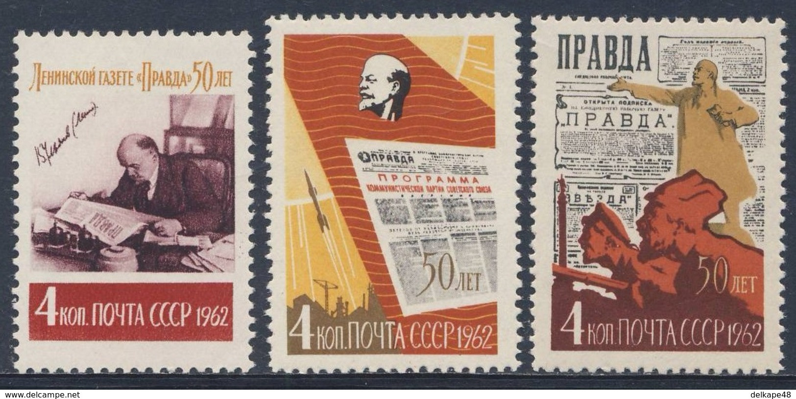 Soviet Unie CCCP Russia 1962 Mi 2596 /8 A YT 2516 /8 SG 2684 /6 Used 50th Ann. "Pravda" Newspaper / Zeitung „Prawda“ - Lenin