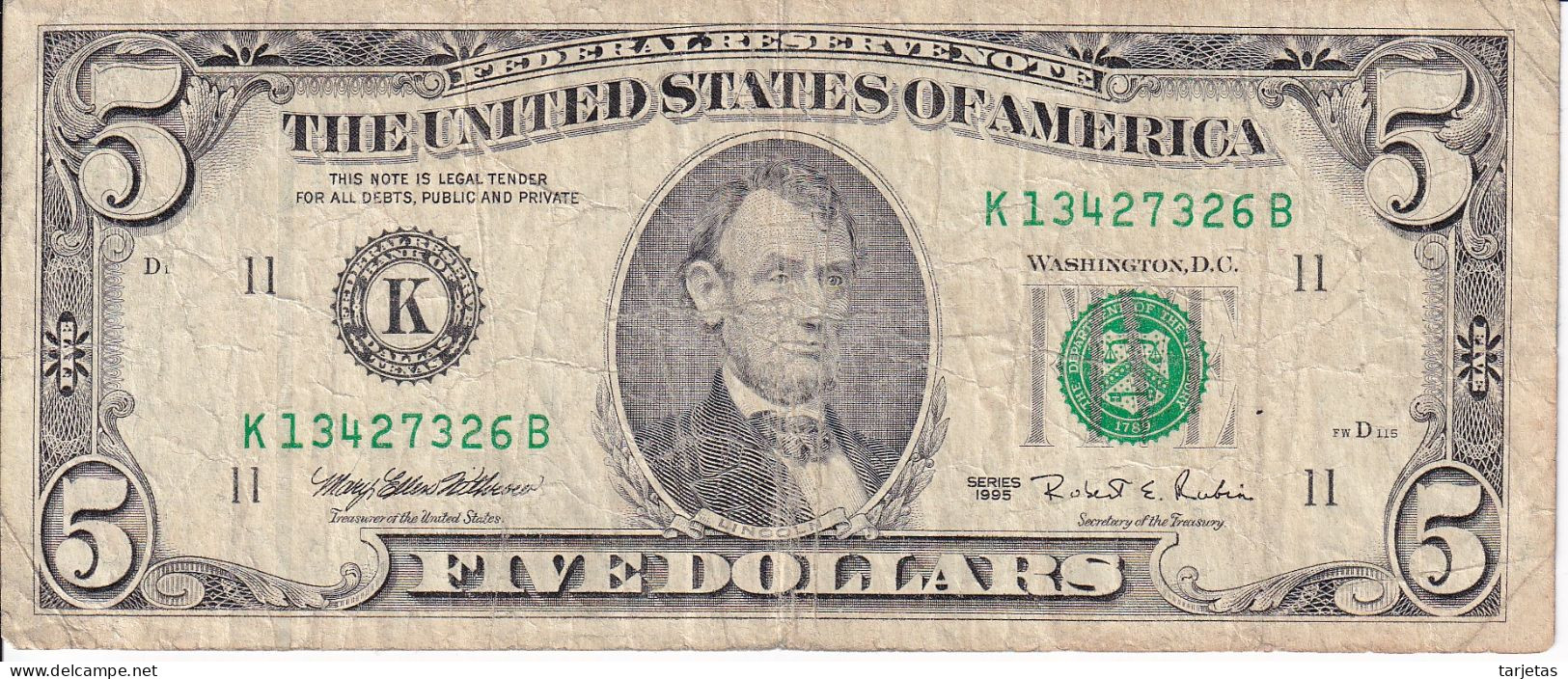 BILLETE DE ESTADOS UNIDOS DE 5 DOLLARS DEL AÑO 1995 LETRA K - DALLAS (BANK NOTE) - Billetes De La Reserva Federal (1928-...)
