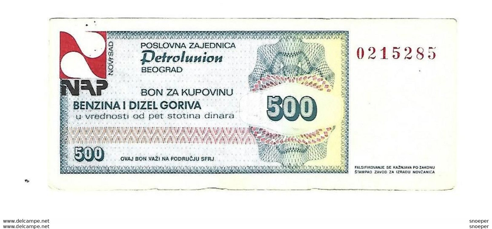 Serbia Beograd Petrolunion  Bon 500 Dinara  Benzin /diezel  S62 - Servië