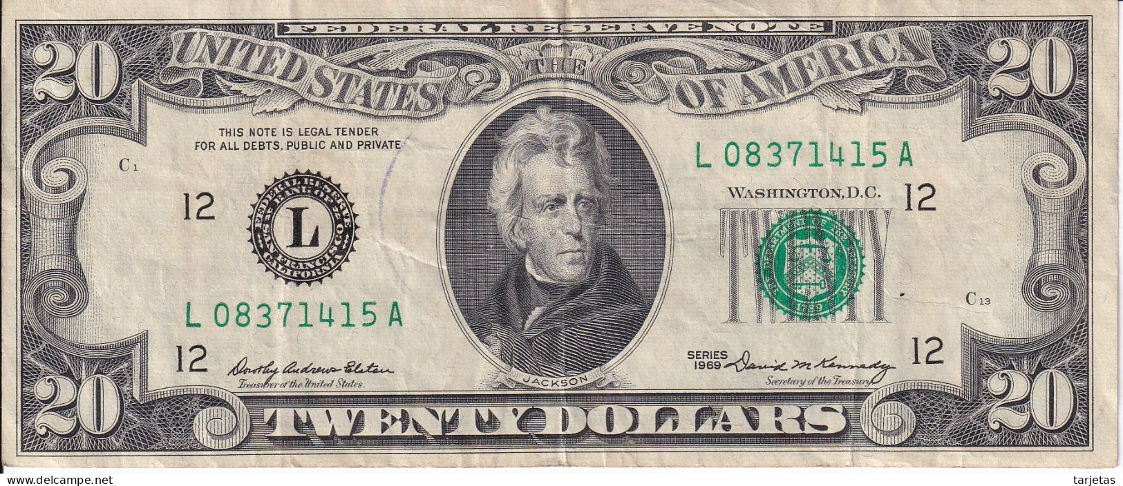 BILLETE DE ESTADOS UNIDOS DE 20 DOLLARS DEL AÑO 1969 LETRA L - SAN FRANCISCO (BANK NOTE) - Biljetten Van De  Federal Reserve (1928-...)