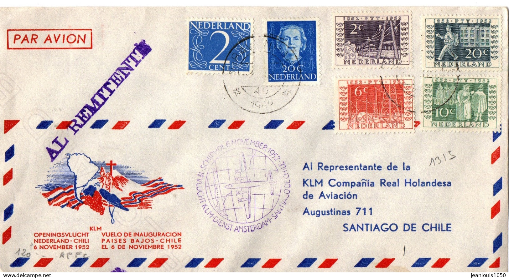 PAYS BAS AFFRANCHISSEMENT COMBINE VOL AMSTERDAM SANTIAGO DU CHILI 6 11 1952 SUR LETTRE OBLITEREE - Airmail