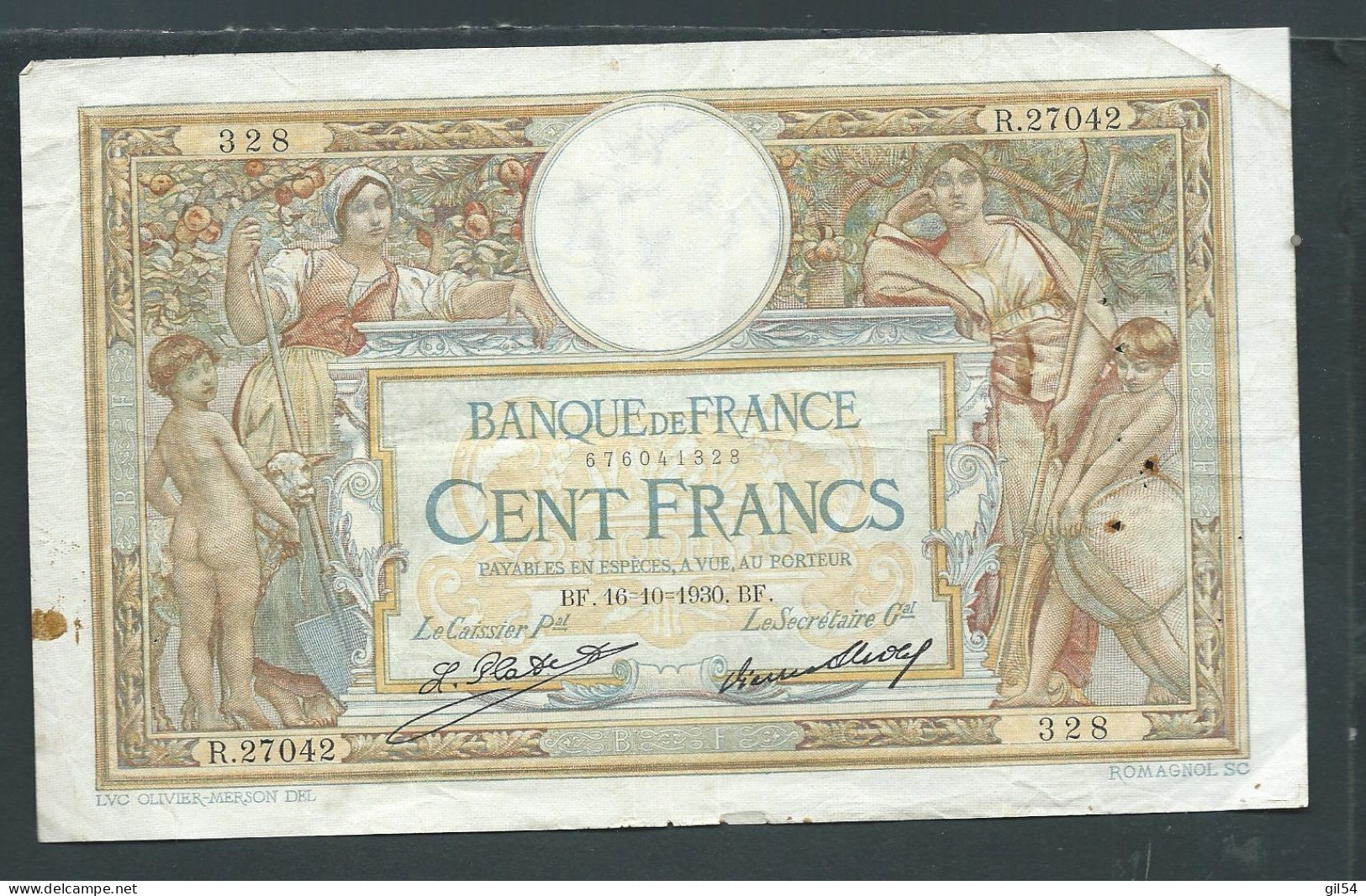 BILLET DE BANQUE Billet 100 Francs LUC OLIVIER MERSON - BF.16/10/1930.BF  R.27042 328  Laura 14507 - 100 F 1908-1939 ''Luc Olivier Merson''