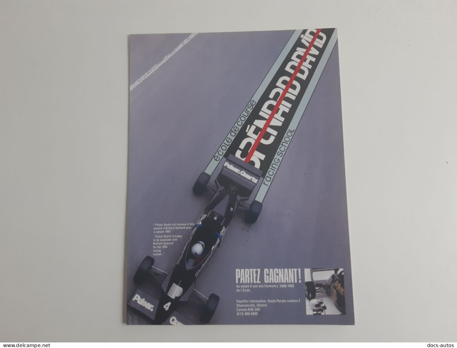 Ecole De Course Pulsar Quartz - Publicité De Presse - Car Racing - F1
