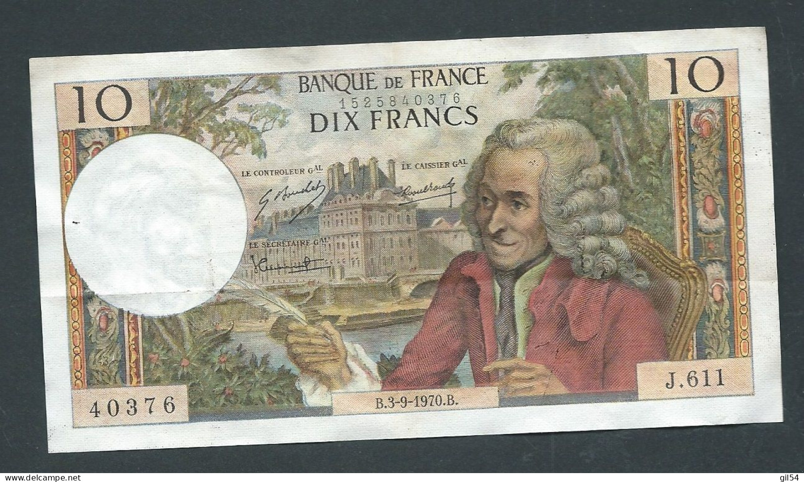 BILLET DE BANQUE Billet 10 Francs Type " Voltaire "  B.3/9/1970.B - 40376 J.611 Laura 14508 - 10 F 1963-1973 ''Voltaire''