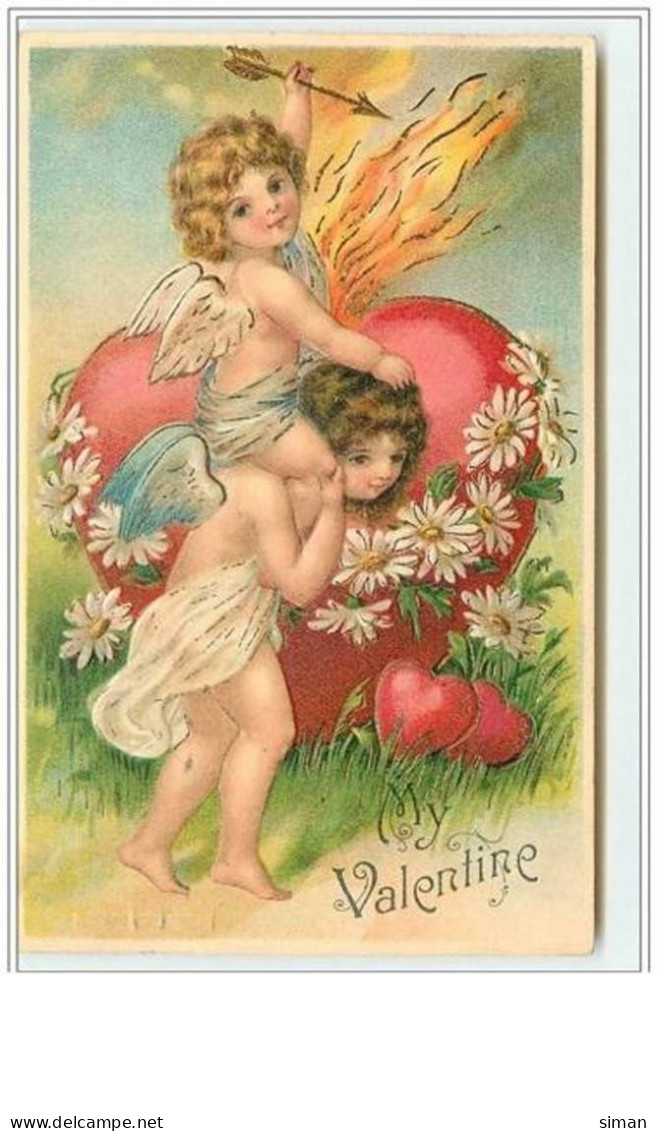 N°1042 - Carte Gaufrée - My Valentine - Angelots Et Coeur - Saint-Valentin