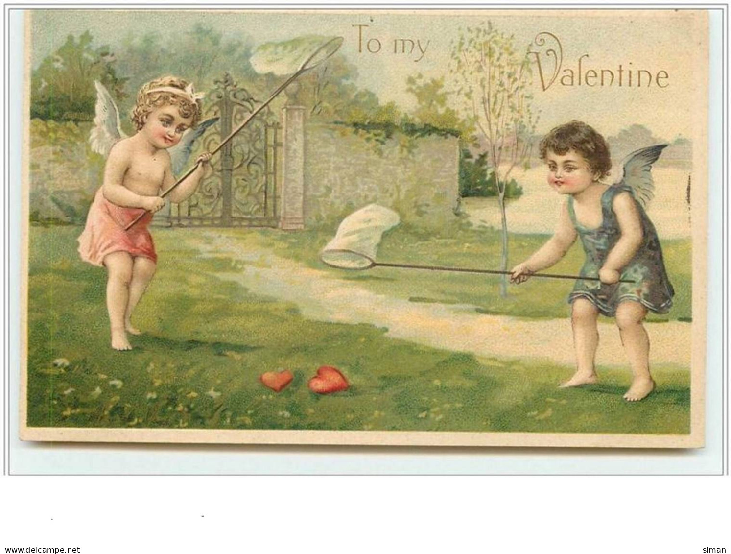 N°1041 - Carte Gaufrée - To My Valentine -  Angelots Attrapant Des Coeurs - Valentine's Day