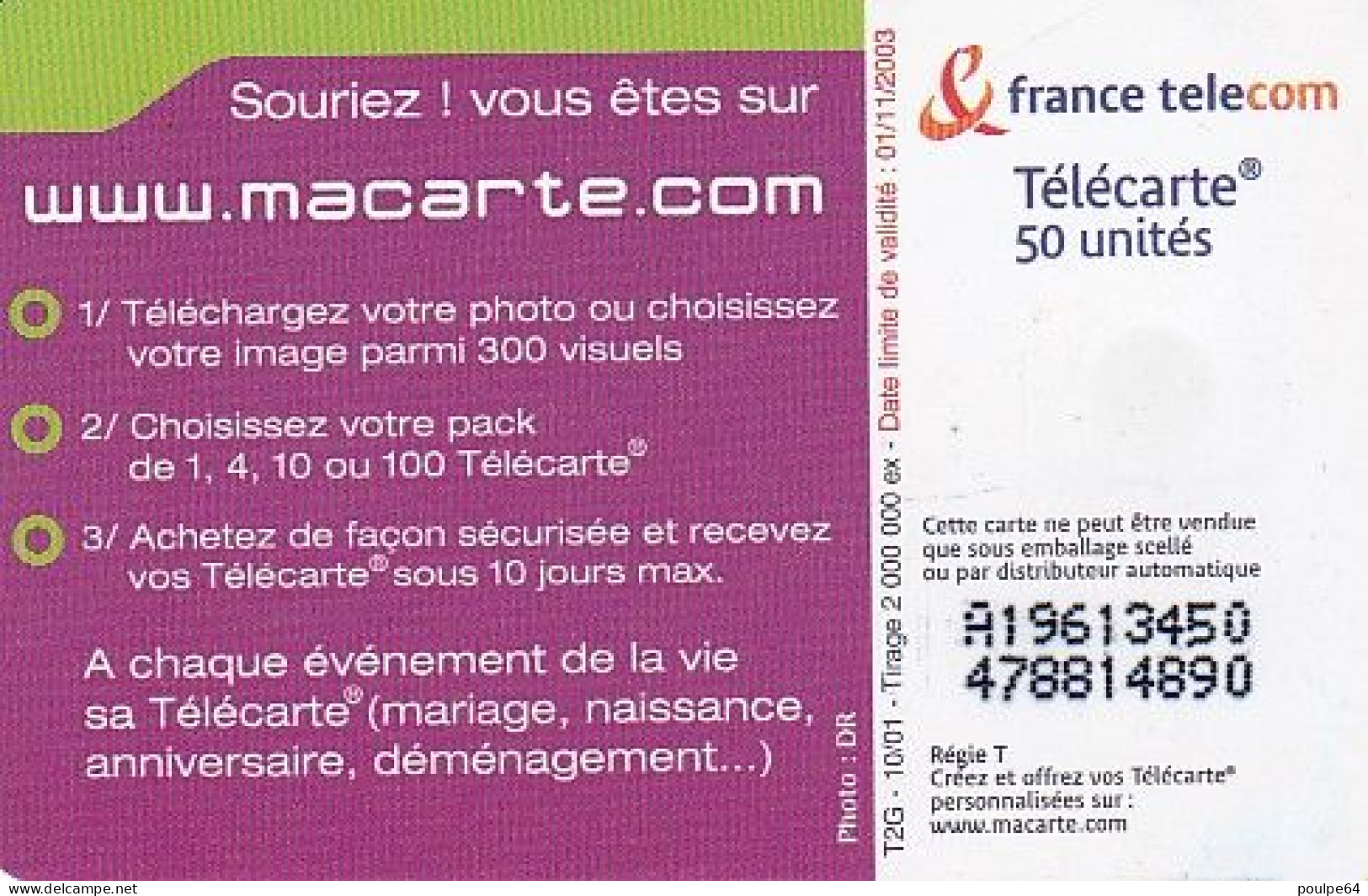 F1179A  10/2001 - MACARTE.COM " Auto-promo " - 50 SO3 - (verso : N° Deux Lignes Centrées) - 2001