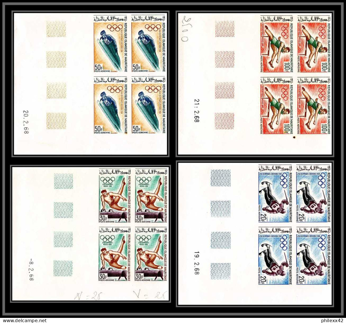 90463c Mauritanie N°73/76 Jeux Olympiques Olympic Games 1968 Mexico Grenoble Non Dentelé ** MNH Imperf Coin Daté - Hiver 1968: Grenoble