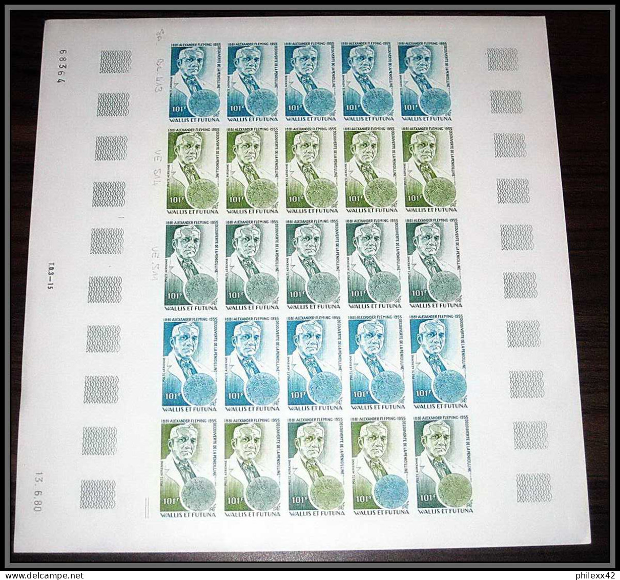 90599 Wallis Et Futuna N°105 Fleming Pénicilline Penicillium Feuille Sheet Essai Proof Non Dentelé Imperf ** MNH - Imperforates, Proofs & Errors