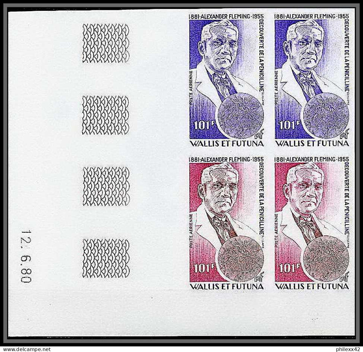 90600b Wallis Et Futuna N°105 Fleming Pénicilline Penicillium Essai Proof Non Dentelé Imperf ** MNH Coin Daté - Imperforates, Proofs & Errors