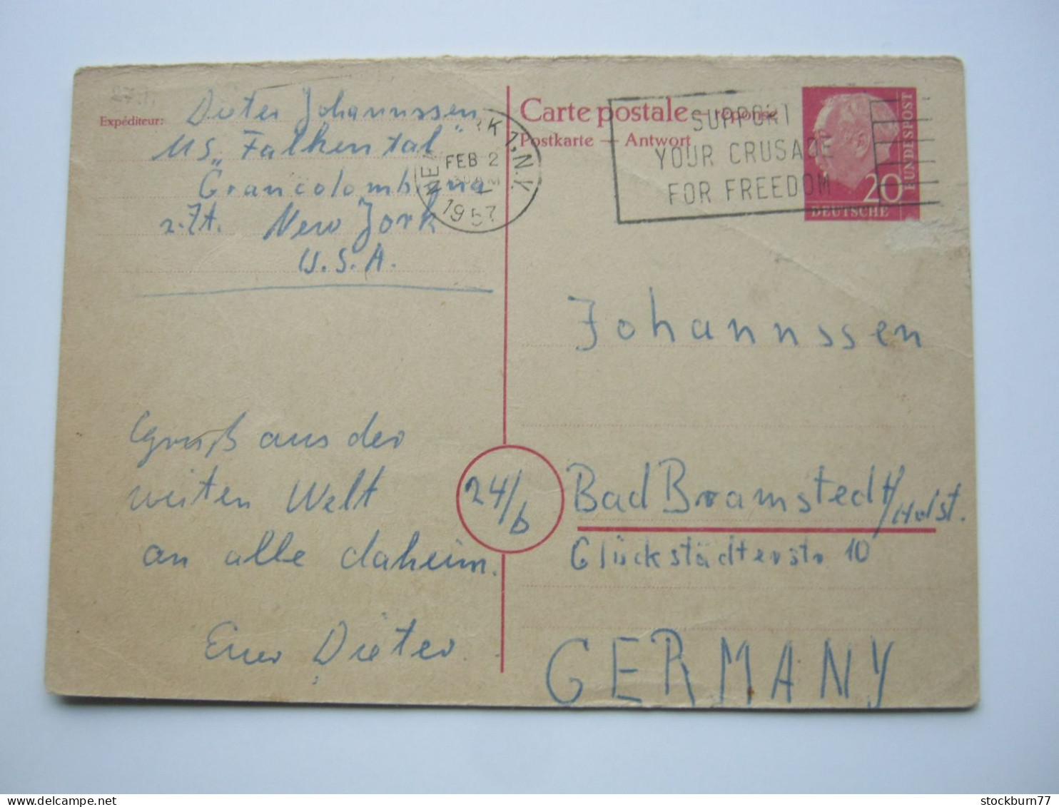 1957 , 20 Pfg. HEUSS , Antwortkarte Aus  NEW YORK Nach Deutschland , Geringe Beförderungsspuren - Postkaarten - Gebruikt