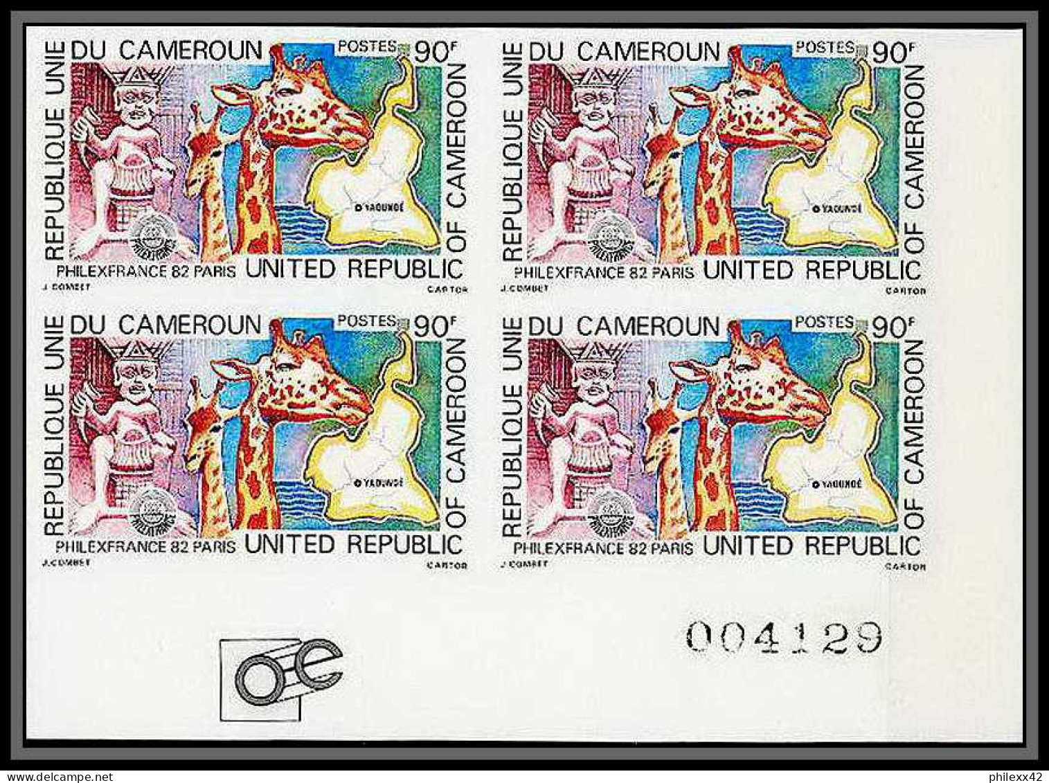 90714b Cameroun Non Dentelé Imperforate ** MNH - N° 684 Philexfrance 82 Girafe Statue Giraffe Bloc 4 - Giraffe