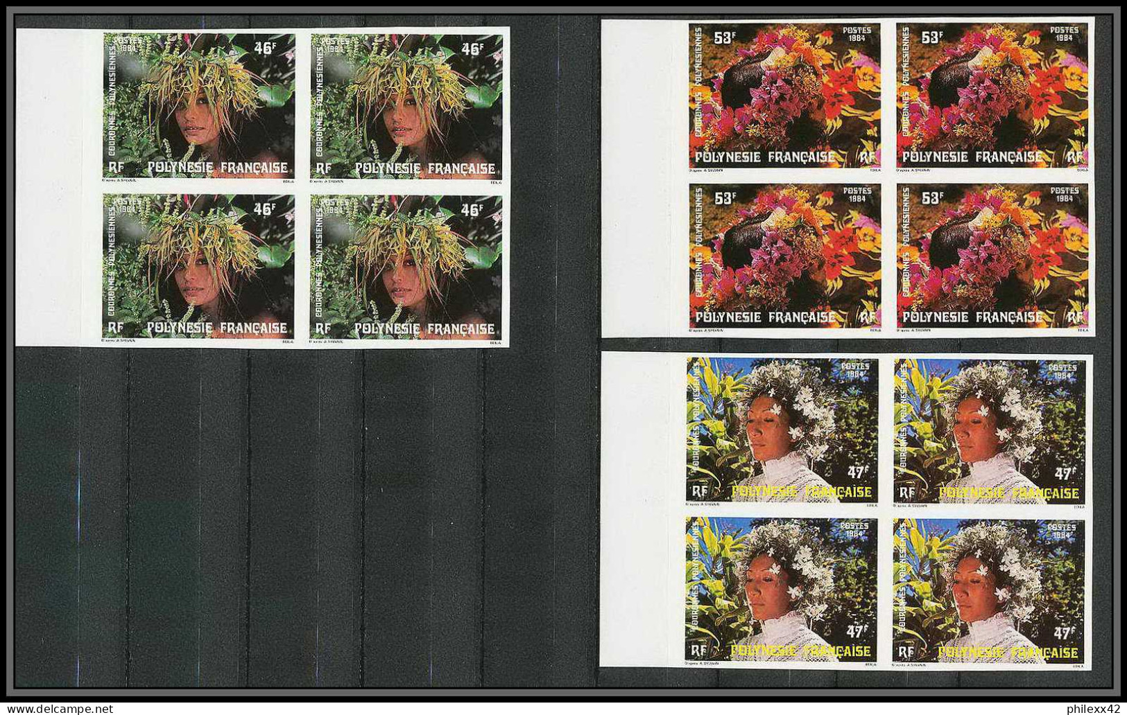 90804c Polynesie Polynesia N° 219/221 Couronnes Polynesiennes Fleurs Flowers Non Dentelé Imperf ** MNH Cote 88 Bloc 4 - Ongetande, Proeven & Plaatfouten