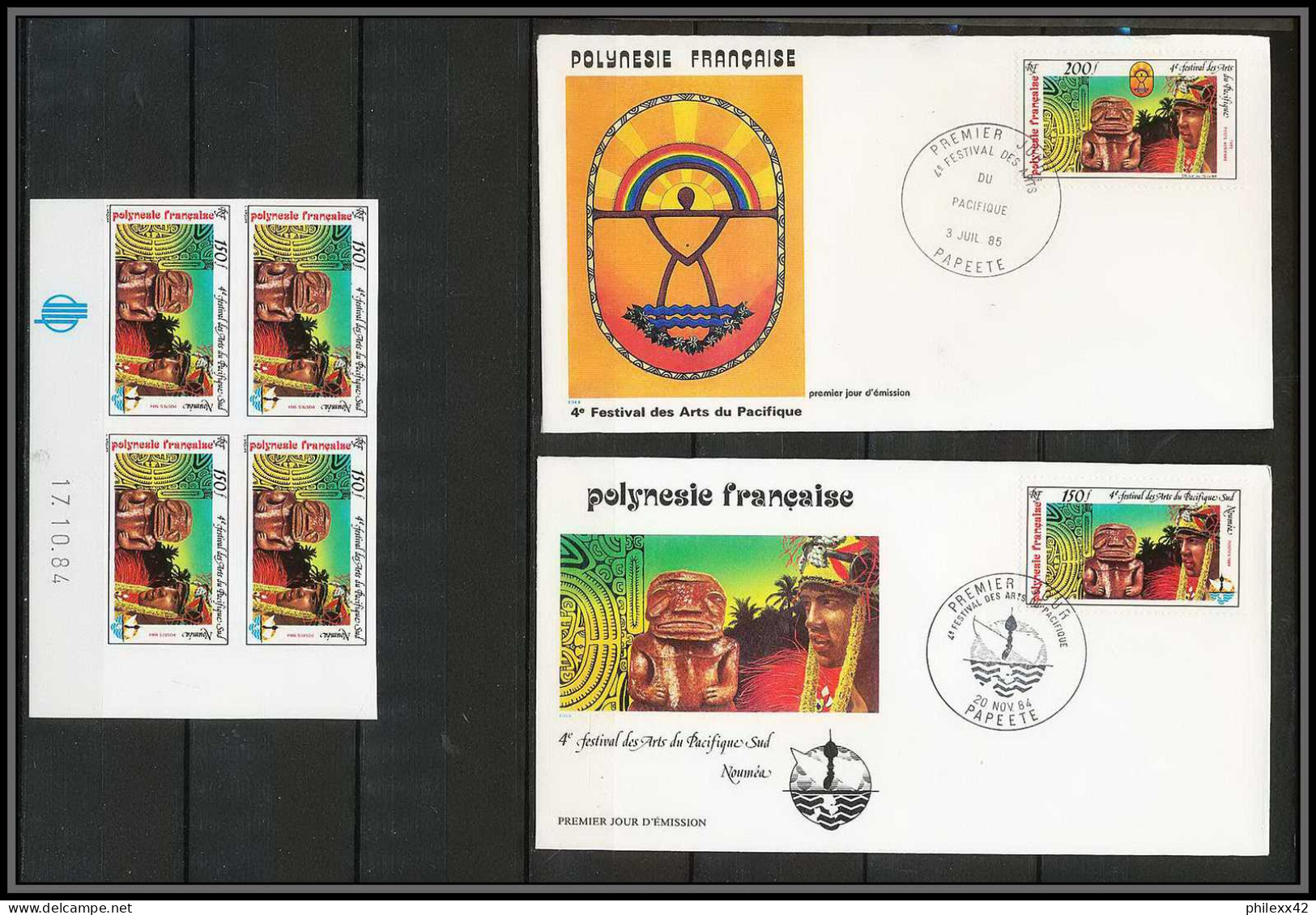 90808 Polynesie (Polynesia) N° 222 Art Du Pacifique Sud Bloc 4 Coin Daté Cote 60 Euros 2 Fdc Non Dentelé Imperf ** MNH  - Geschnittene, Druckproben Und Abarten