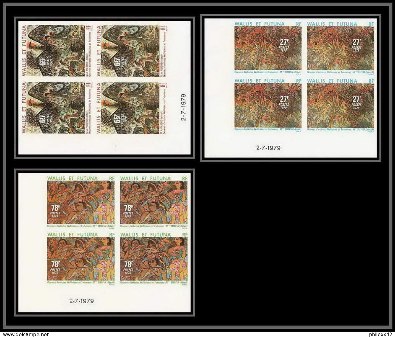 90860 Wallis Et Futuna Futuna N°245/247 Sutita Pilioko Tableau Painting Bloc 4 Coin Daté Non Dentelé Imperf ** MNH - Non Dentelés, épreuves & Variétés