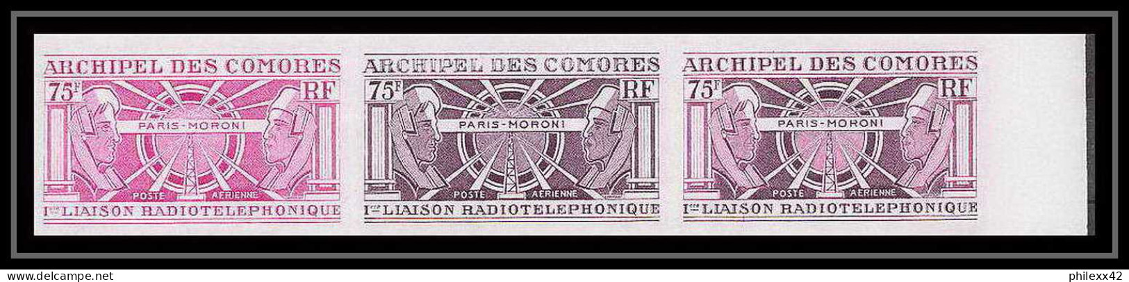 91602b Comores N° 43 1ère Liaison Radiotelephonique Moroni-Paris Bande 3 Essai Proof Non Dentelé Imperf ** MNH Telecom - Airmail