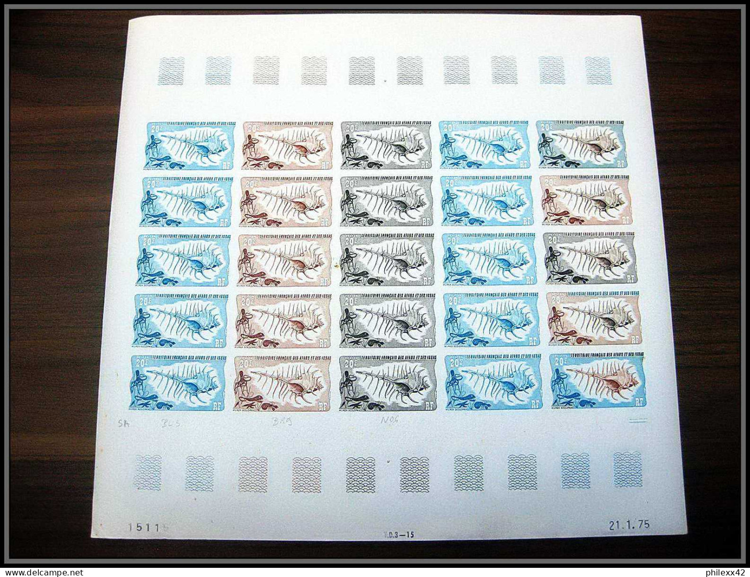 91176 Afars et Issas 1975 coquillage shell 625 timbres feuilles complète (sheets) Essai proof Non dentelé imperf