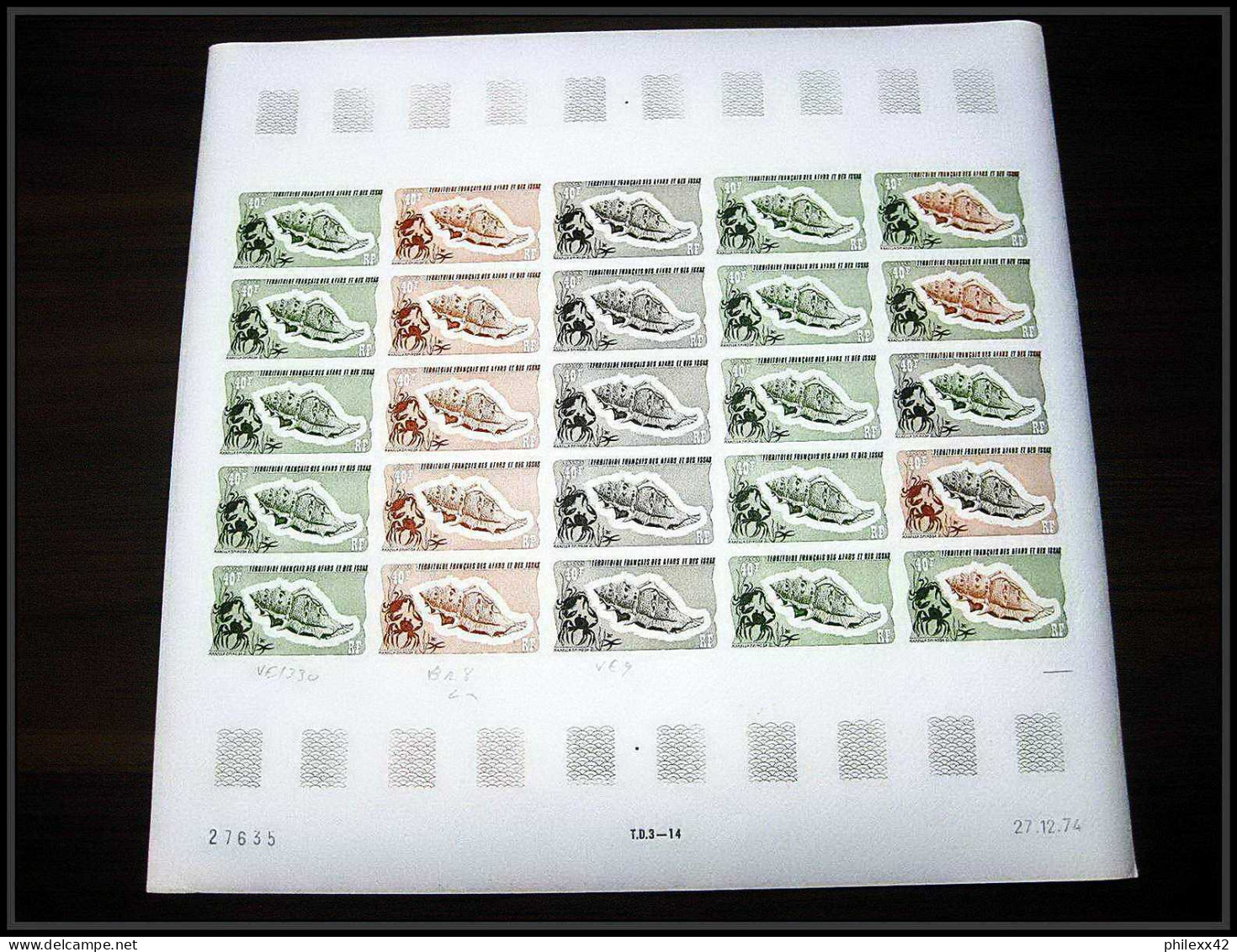 91176 Afars et Issas 1975 coquillage shell 625 timbres feuilles complète (sheets) Essai proof Non dentelé imperf