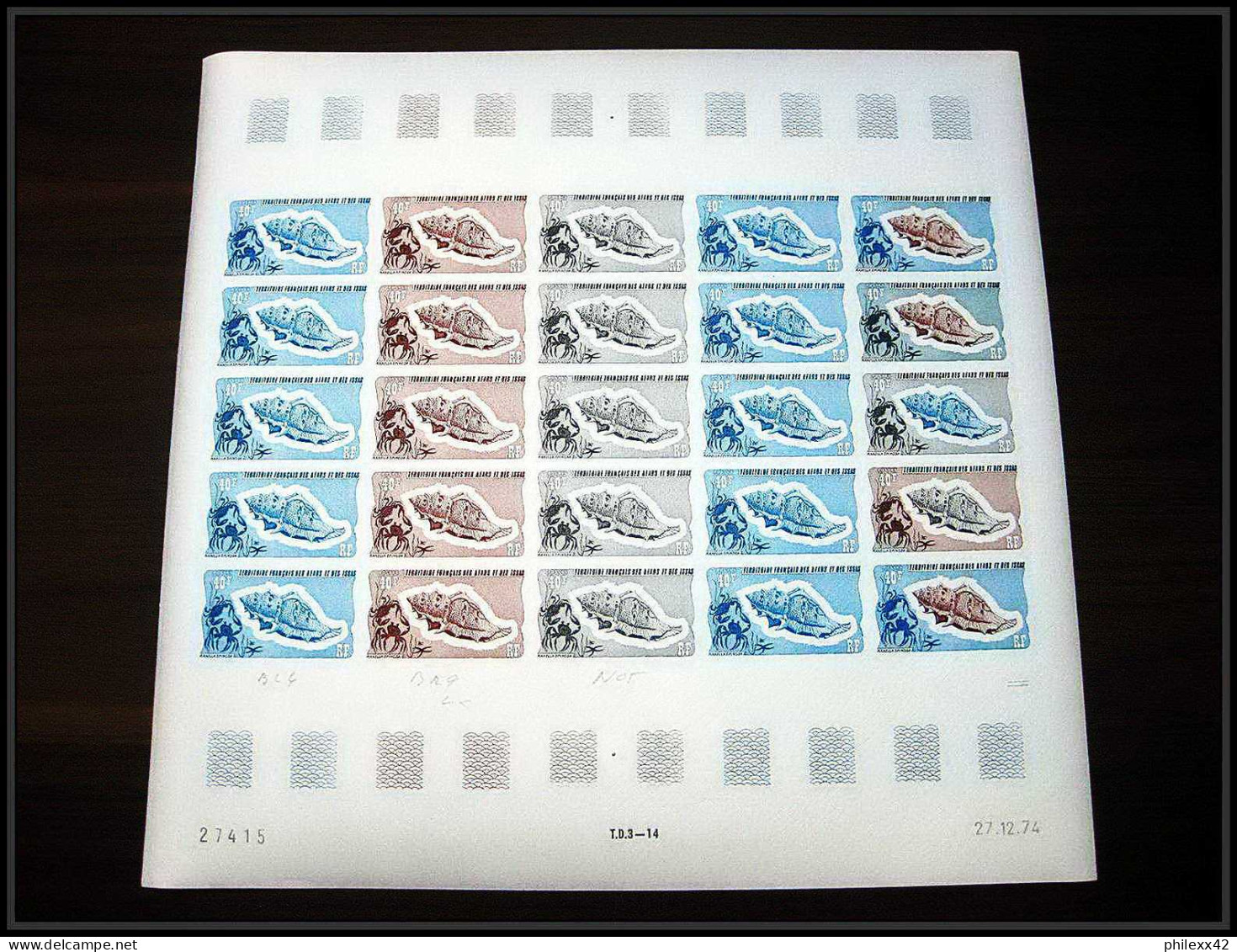 91176 Afars et Issas 1975 coquillage shell 625 timbres feuilles complète (sheets) Essai proof Non dentelé imperf