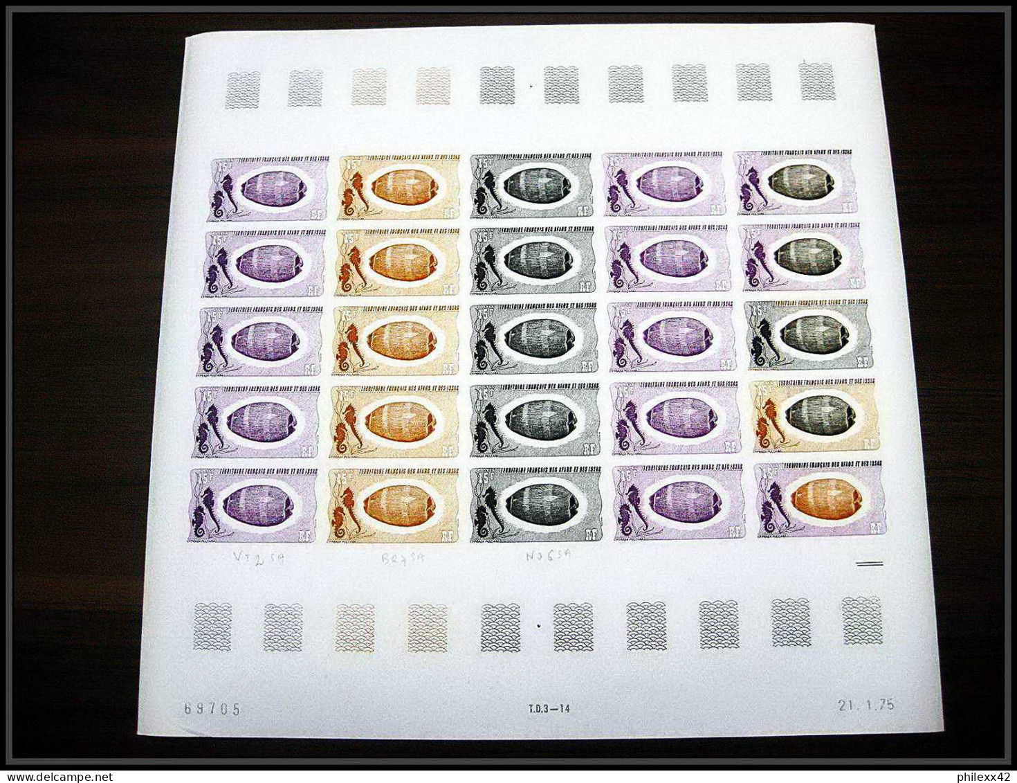 91176 Afars et Issas 1975 coquillage shell 625 timbres feuilles complète (sheets) Essai proof Non dentelé imperf