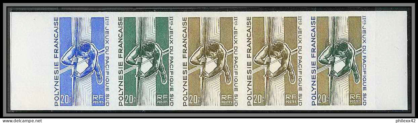 91631 Polynesie Essai Proof Non Dentelé Imperf ** MNH N° 43 Sport Pole Vaulting Saut A La Perche Bande 5 Strip - Imperforates, Proofs & Errors