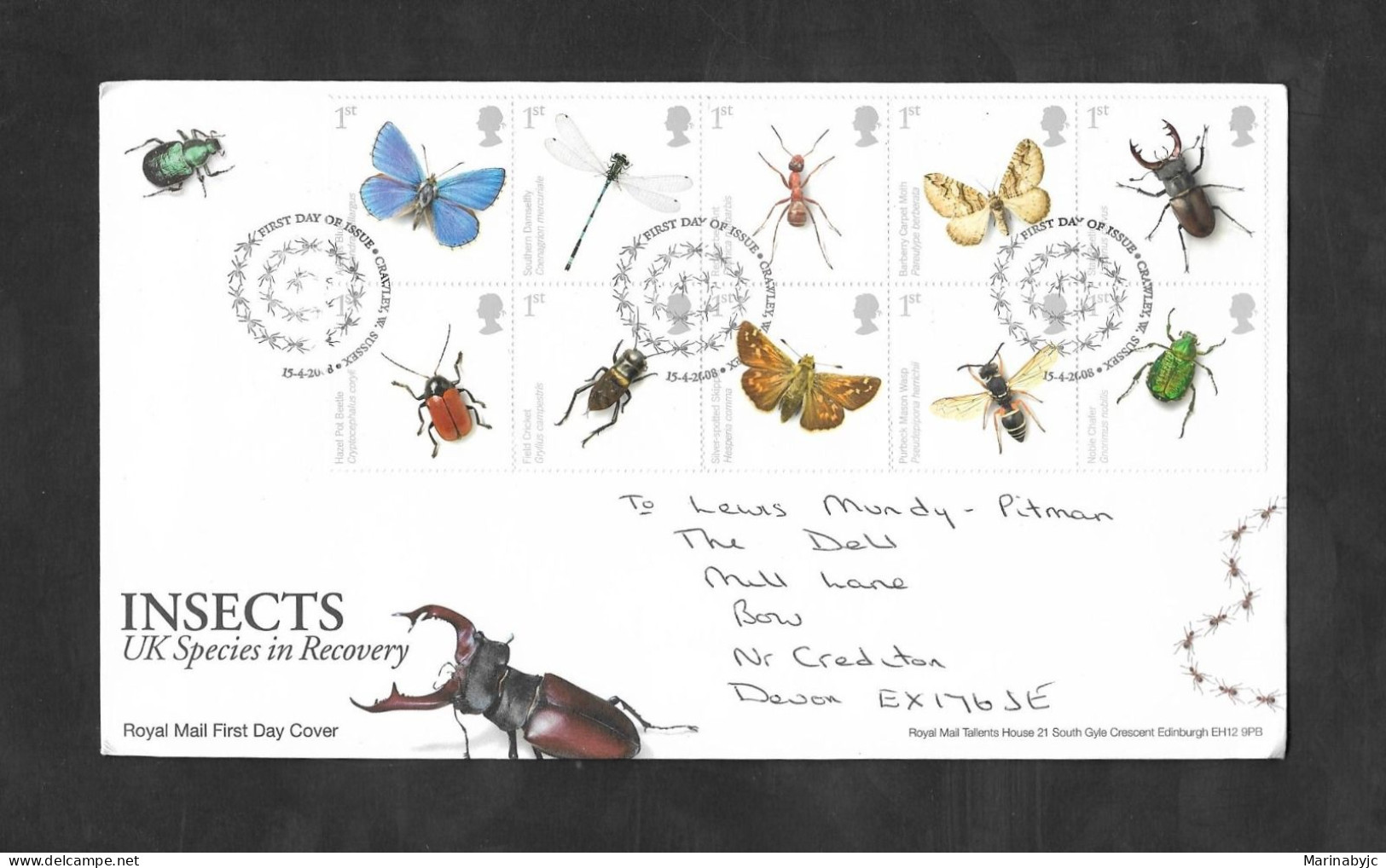 SE)2008 GREAT BRITAIN, FAUNA, UK SPECIES IN RECOVERY, INSECTS, BUTTERFLIES, HORSE, BEETLES, ANT, MOTH, DEER, WASP, FDC - Oblitérés