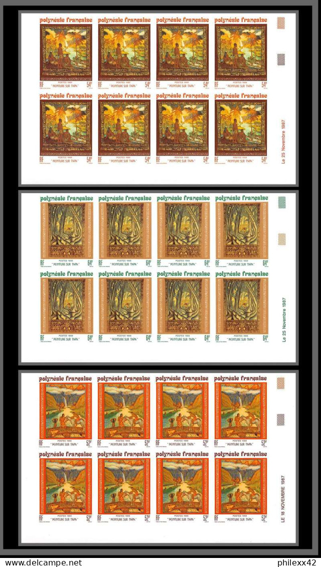 91748 Polynesie N° 303/305 Tableau Tableaux Painting Tapa 1988 Non Dentelé Imperf ** MNH Bloc 10 Coin Daté - Non Dentelés, épreuves & Variétés