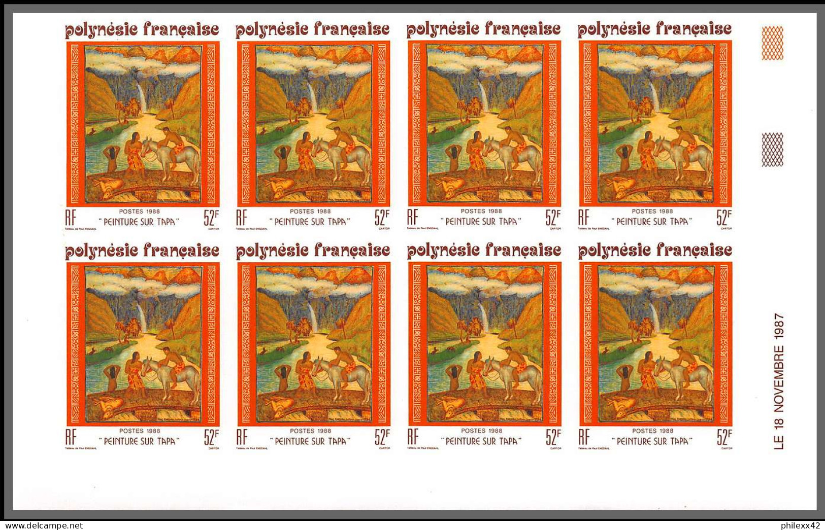 91748 Polynesie N° 303/305 Tableau Tableaux Painting Tapa 1988 Non Dentelé Imperf ** MNH Bloc 10 Coin Daté - Non Dentelés, épreuves & Variétés