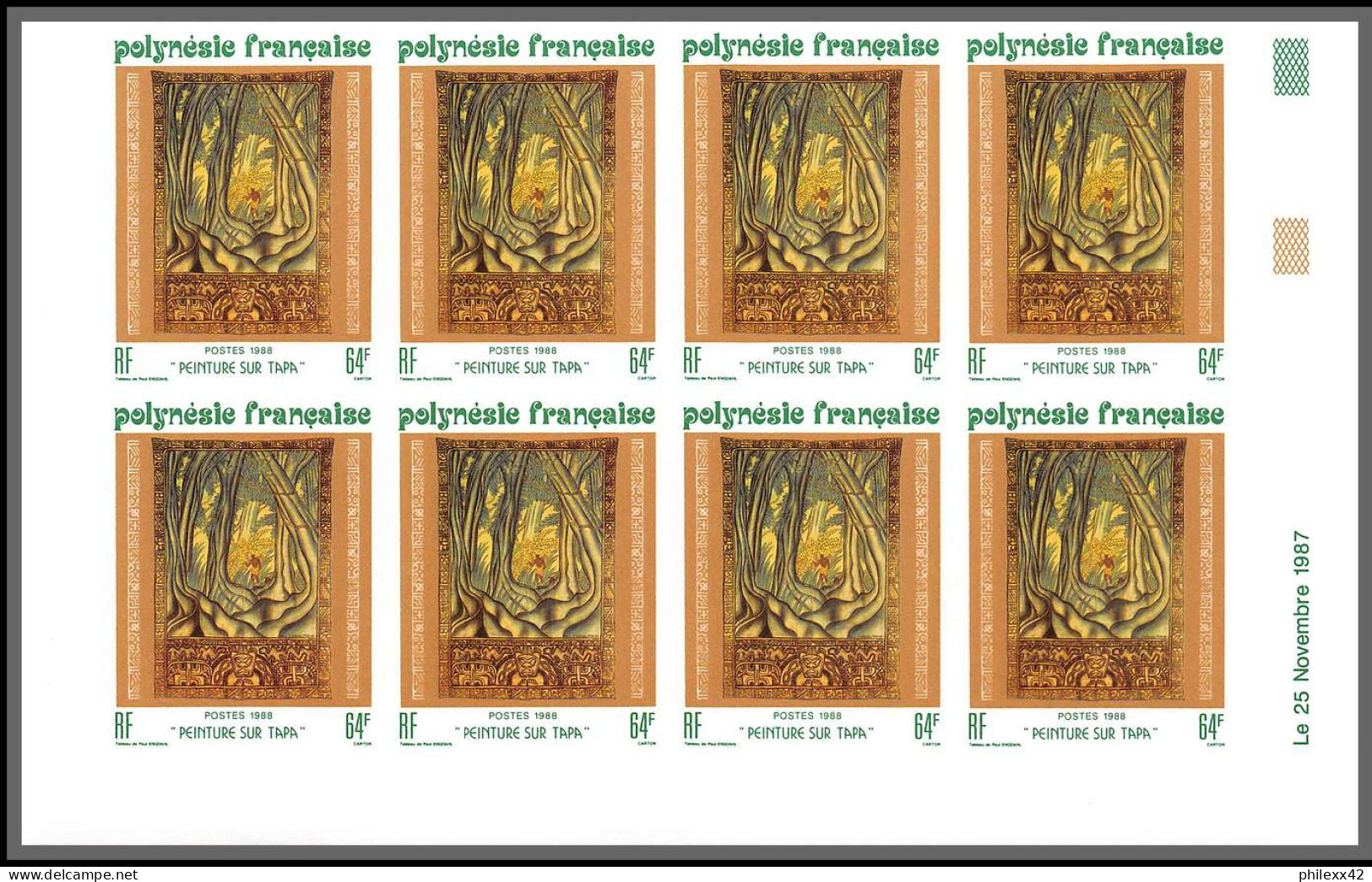 91748 Polynesie N° 303/305 Tableau Tableaux Painting Tapa 1988 Non Dentelé Imperf ** MNH Bloc 10 Coin Daté - Geschnittene, Druckproben Und Abarten