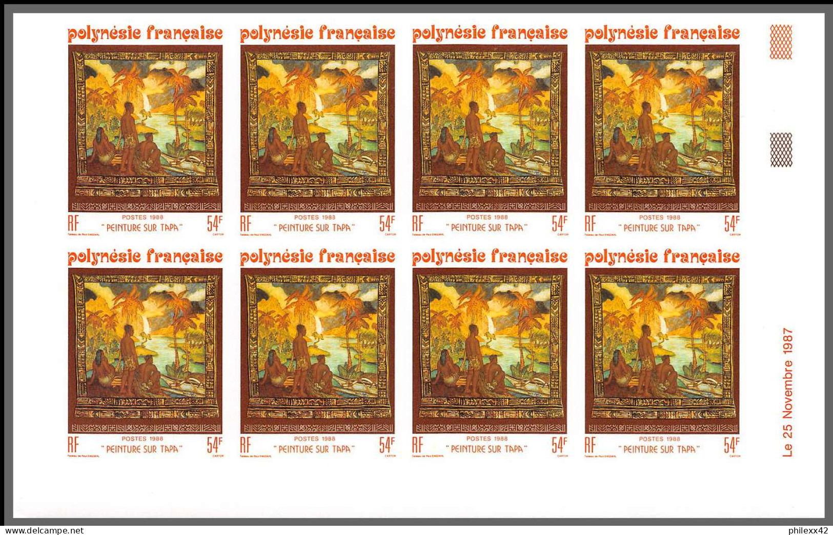 91748 Polynesie N° 303/305 Tableau Tableaux Painting Tapa 1988 Non Dentelé Imperf ** MNH Bloc 10 Coin Daté - Imperforates, Proofs & Errors