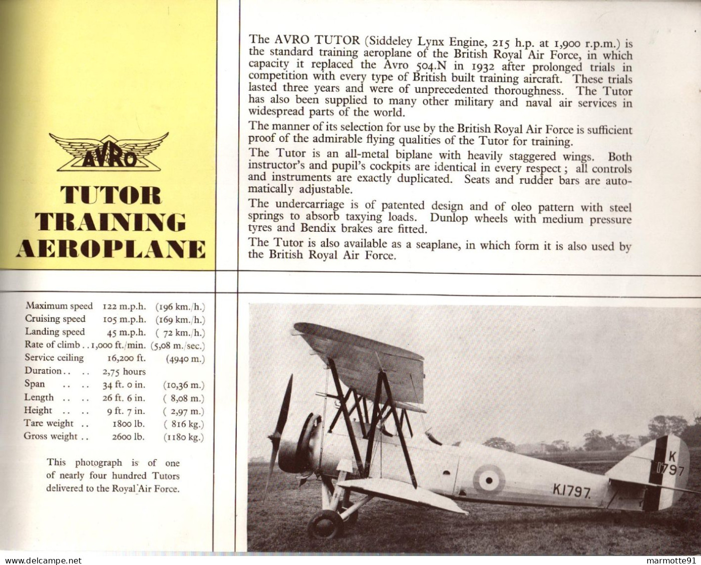 AVRO FABRICANT AVION ECOLE  AVIATION CIVILE MILITAIRE CATALOGUE - Advertenties