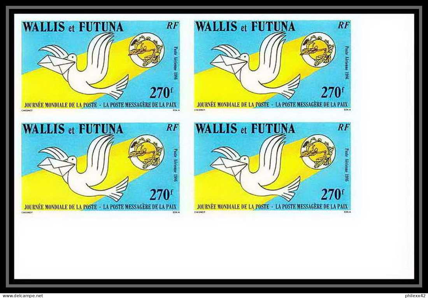 91758b Wallis Et Futuna N° 153 Upu Journee De La Poste Paix Peace Non Dentelé Imperf ** MNH Bloc 4 Colombe Dove - Geschnittene, Druckproben Und Abarten