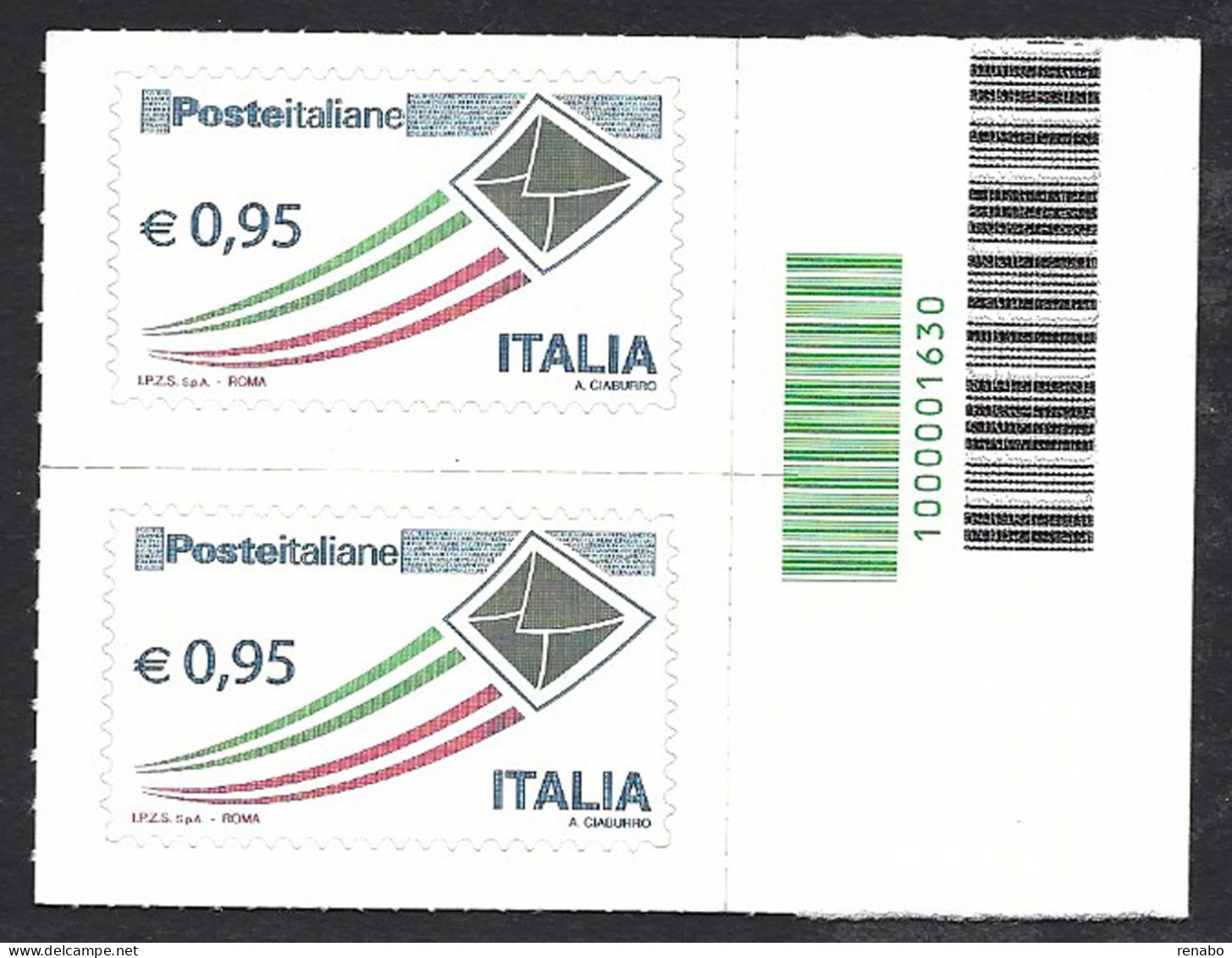 Italia 2014; Posta Italiana Da € 0,95; Coppia Con L' Unico Codice A Barre Del Foglio. - Code-barres