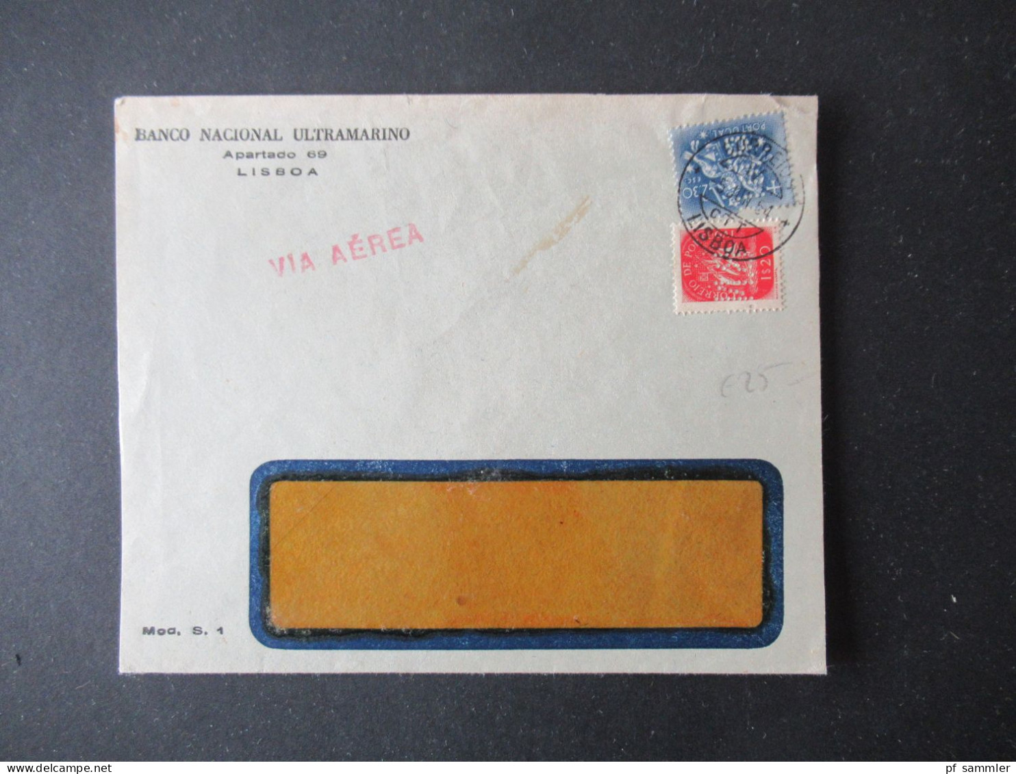 Portugal 1954 Via Aerea/Luftpost Firmenumschlag Banco Nacional Ultramarino Lisboa Marken Mit Perfin / Firmenlochung BNU - Covers & Documents