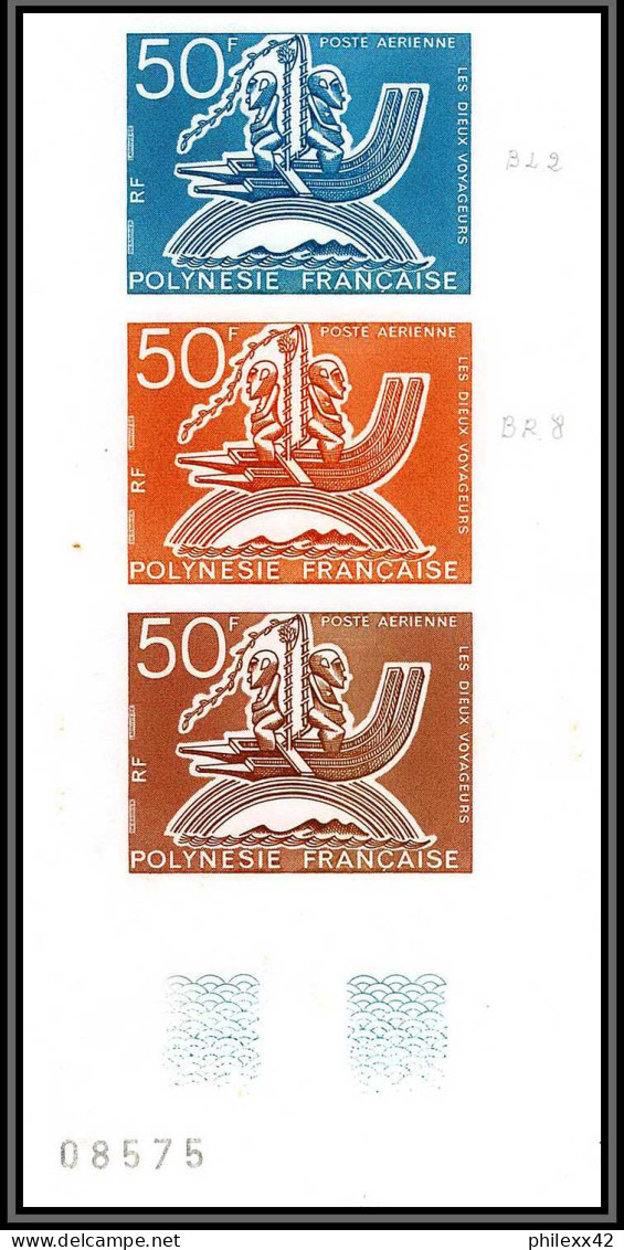 91802a Polynesie PA N° 89 Les Dieux Voyageurs 1974 Essai Proof Non Dentelé Imperf ** MNH Bande 3 Strip - Geschnittene, Druckproben Und Abarten