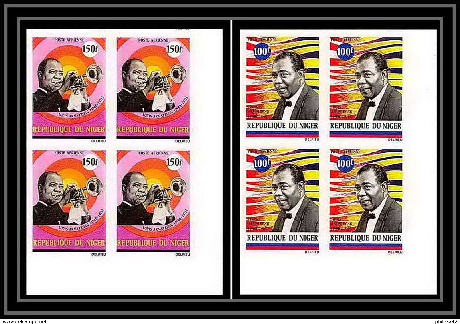 91830a Niger N° 168/169 Music Armstrong Jazz Black Musique Non Dentelé Imperf ** MNH Bloc 4 - Cantanti