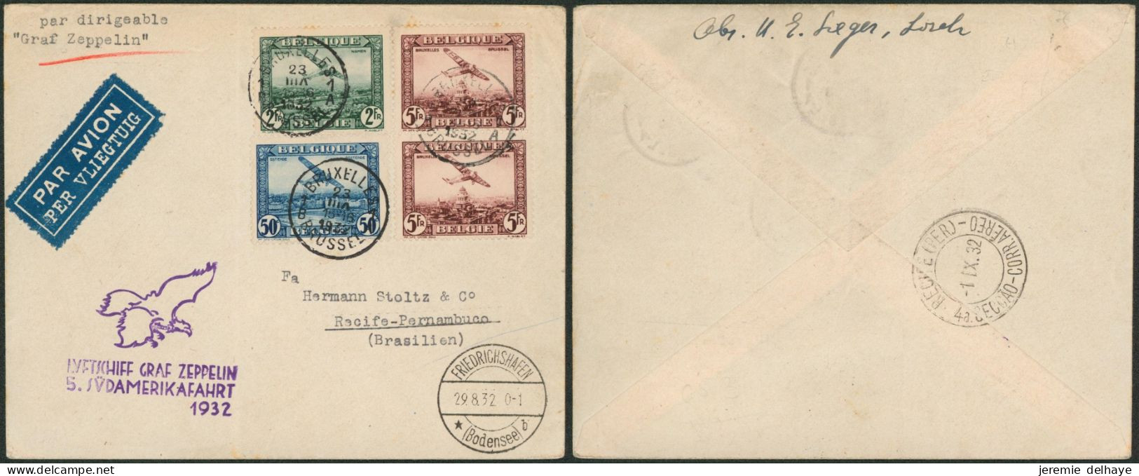 PA1, PA3 Et PA4 X2 Sur Lettre Par Avion (Graf Zeppelin,Friedrichshafen 1932) Bruxelles > Recife-Pernambuco (Brasil) - Covers & Documents