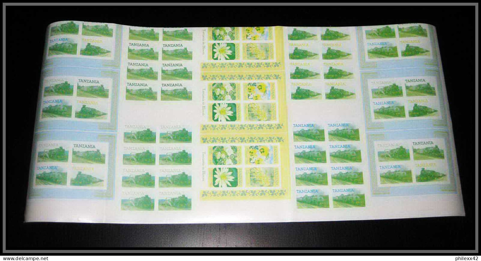 91873 Tanzanie (Tanzania) Train - Animal Fleurs Feuille Sheet 224 Timbres Essai Proof Non Dentelé Imperf ** MNH - Collections (sans Albums)