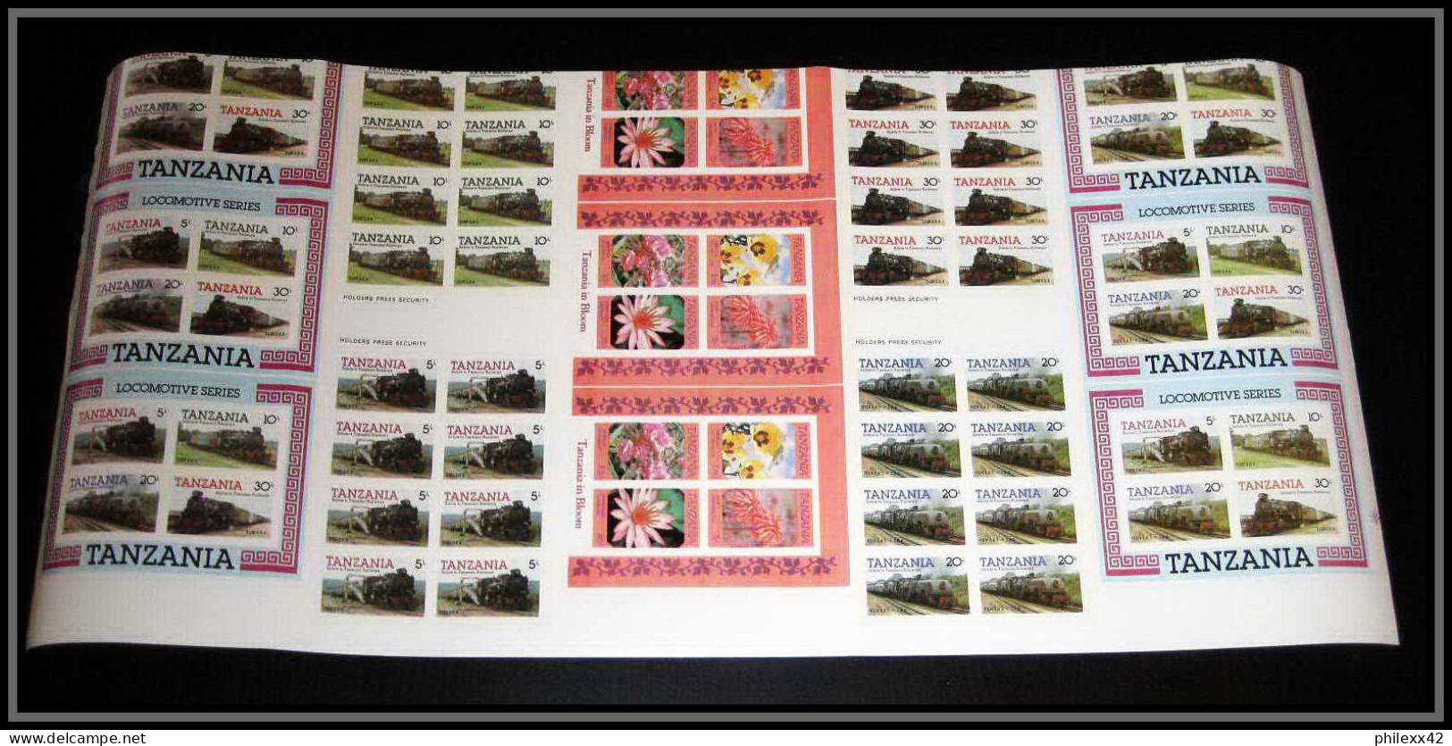 91873 Tanzanie (Tanzania) Train - Animal Fleurs Feuille Sheet 224 Timbres Essai Proof Non Dentelé Imperf ** MNH - Collections (sans Albums)